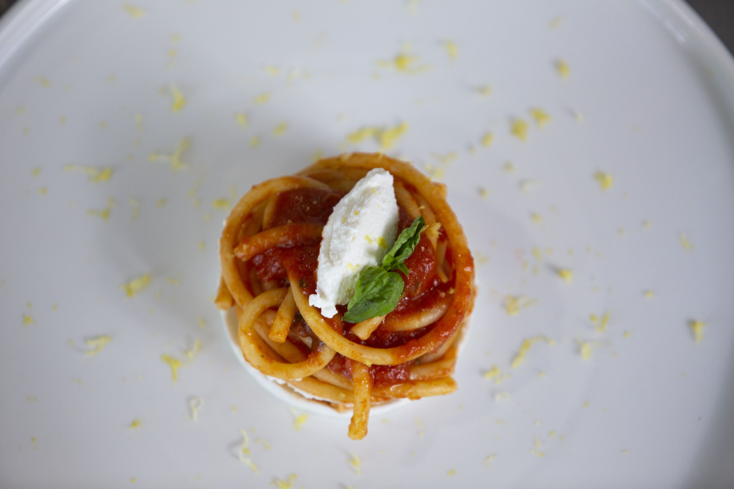 Bucatini Grandi con Pomodoro San Marzano, Ricotta e Limone